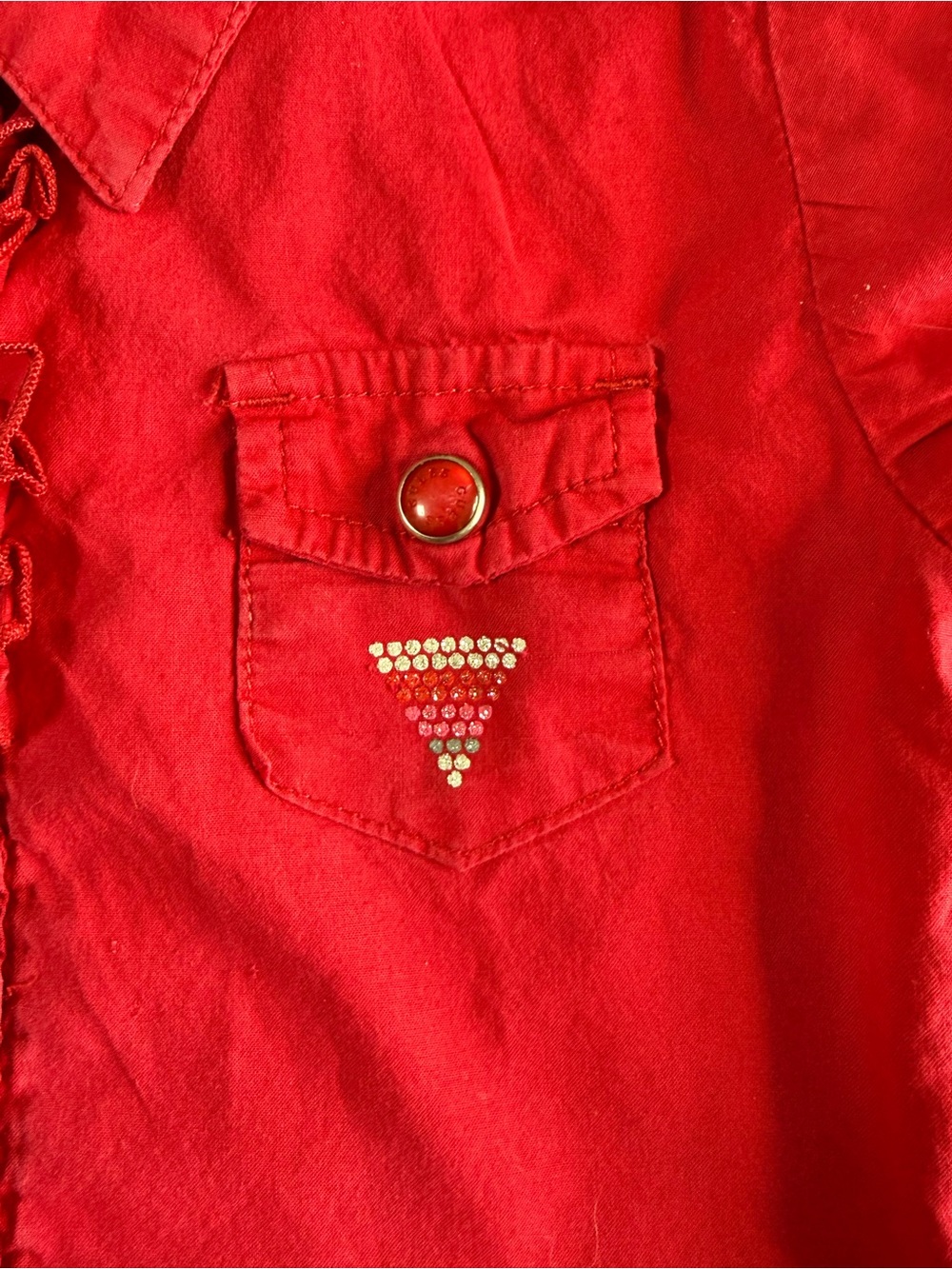 GUESS Girls Red Ruffle Button Down Shirt Rhinestone Logo Size 3T - Picture 2 of 8